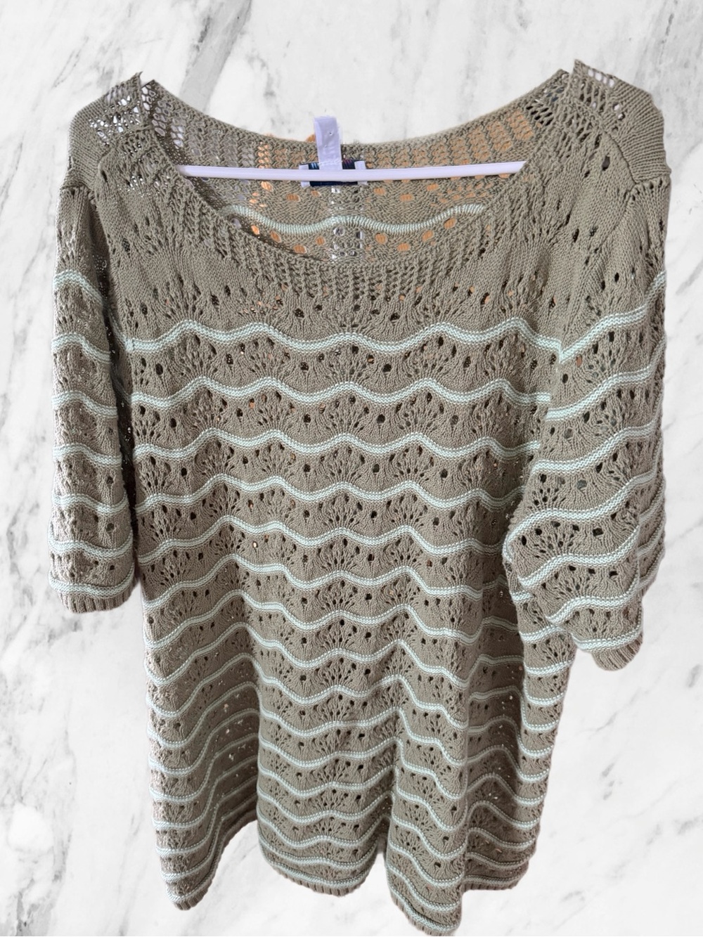 Denim&Co Olive Green Crochet Knit Top with Light Mint Stripes